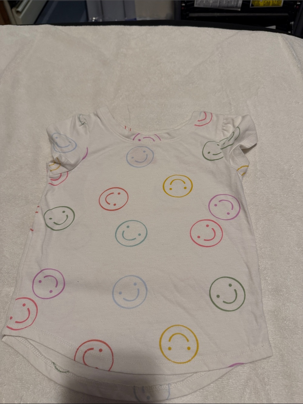 White Smiley Face Tee with Multicolor Prints